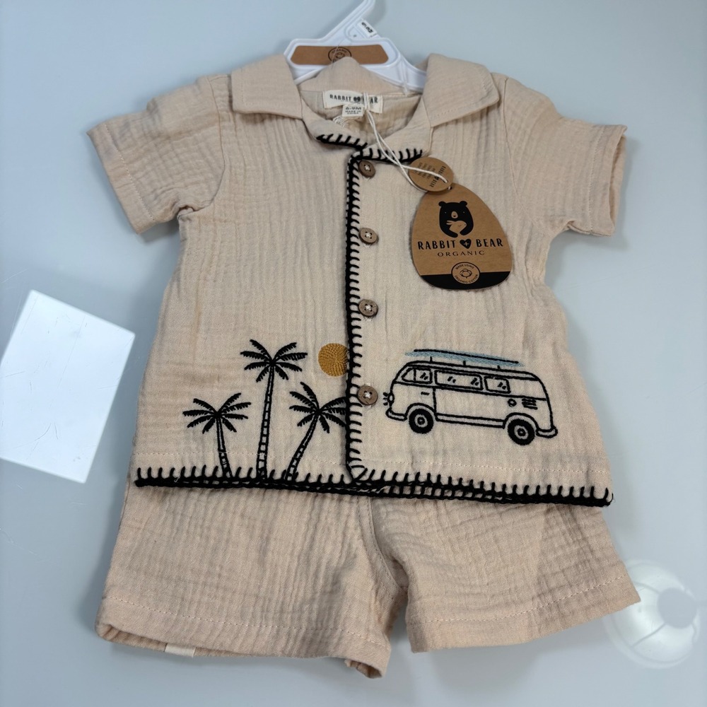 Rabbit + Bear Kids 6-9M Beige Short Set NEW Organic Cotton Gauze Surf Van Beach